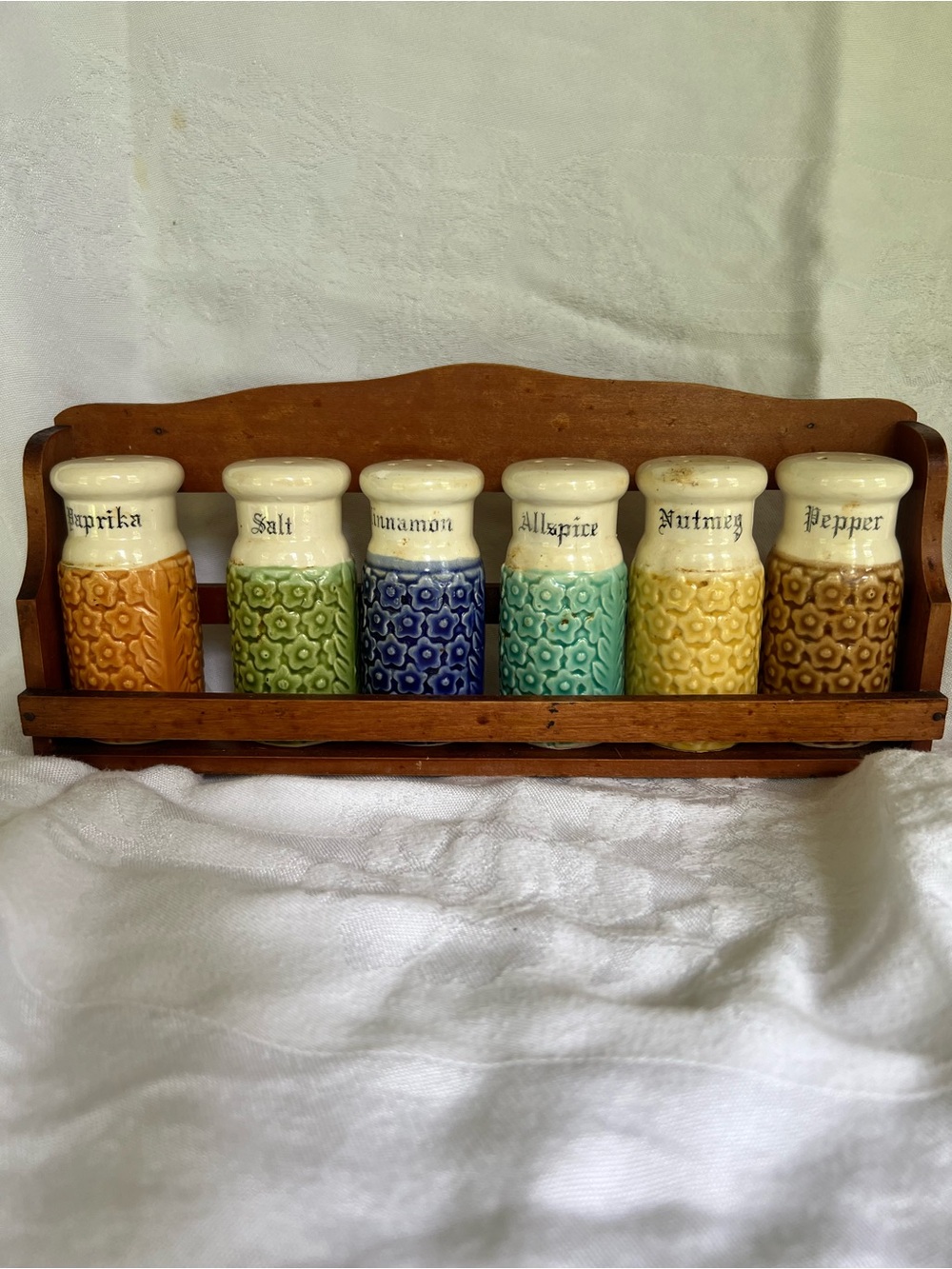Ceramic Multicolor Spice Jar Set with Wooden Rack